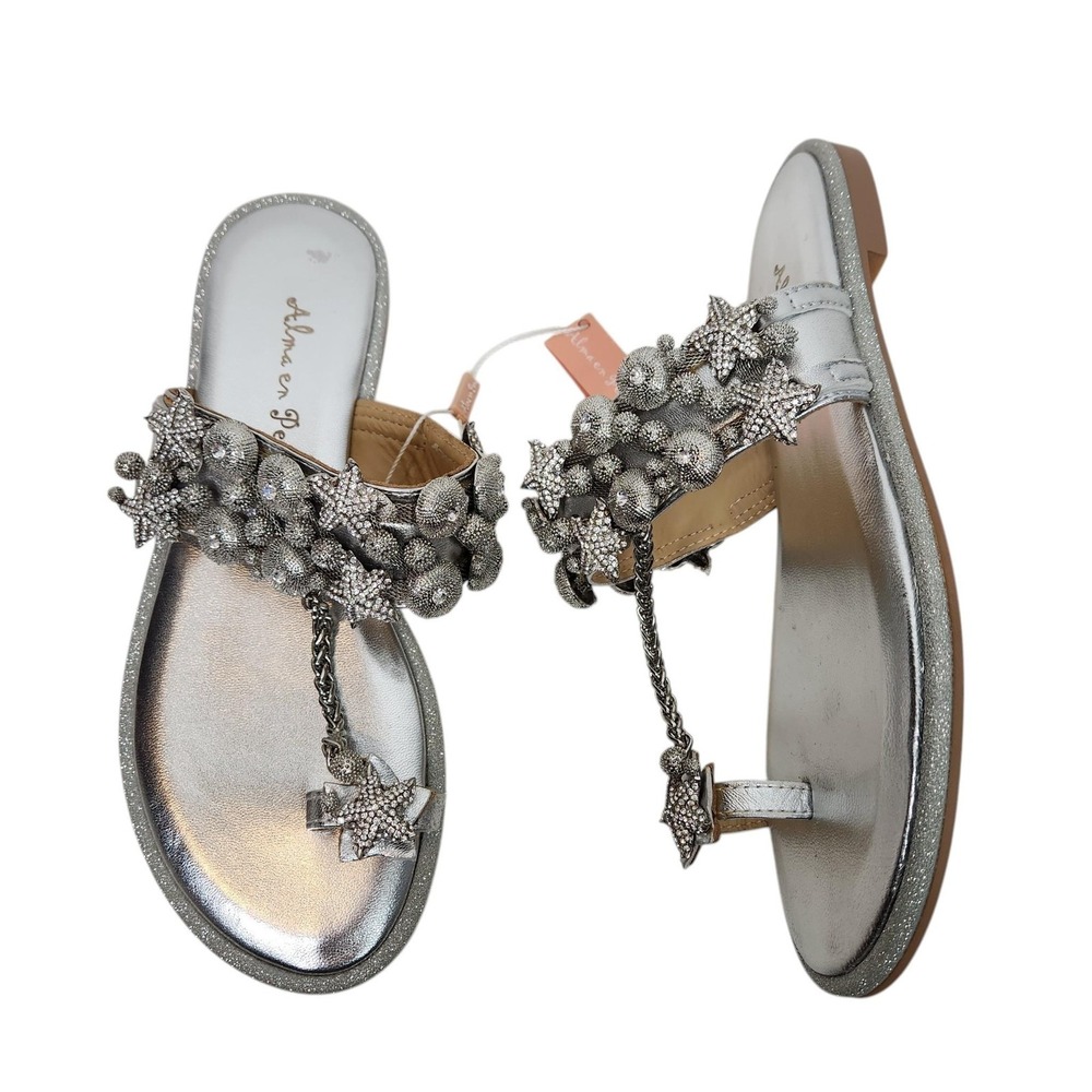 ALMA EN PENA Sandals Womens 8 39 Silver Beaded Starfish Thong Shoes Rhinestone